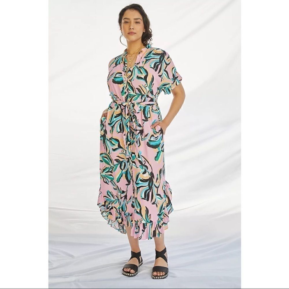 NEW Anthropologie Corey Lynn Calter Pink Ruffled Belted Maxi Shirt Dress Small